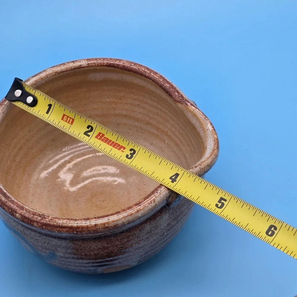 Signed Studio Pottery Bowl‎ With Spout And Spoon Brown With Blue Accents